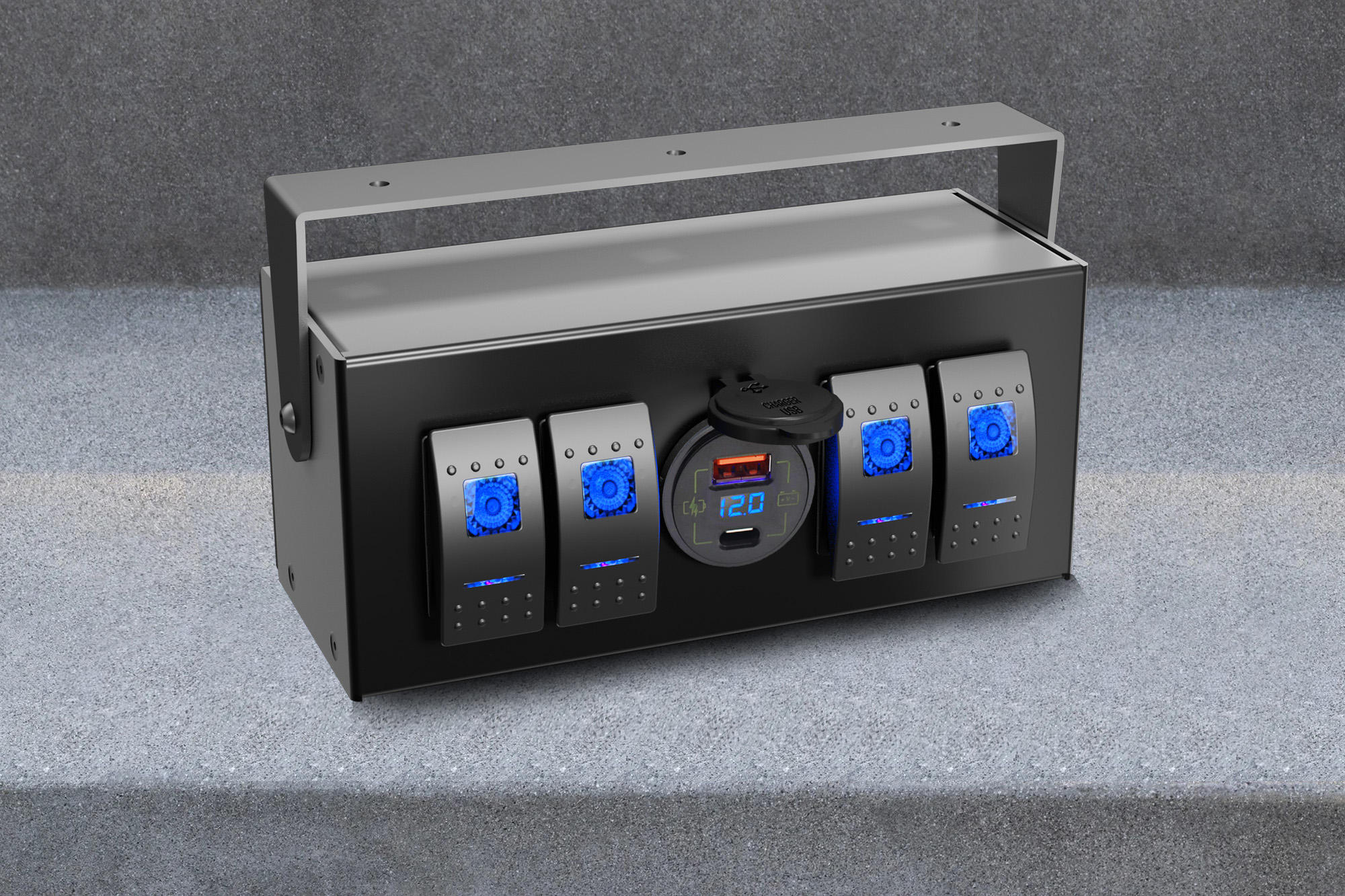 12V 4 Gang SPST Rocker Switch Control Box with Voltmeter IP54 Protection Level Aluminum Alloy for RV Boat Truck