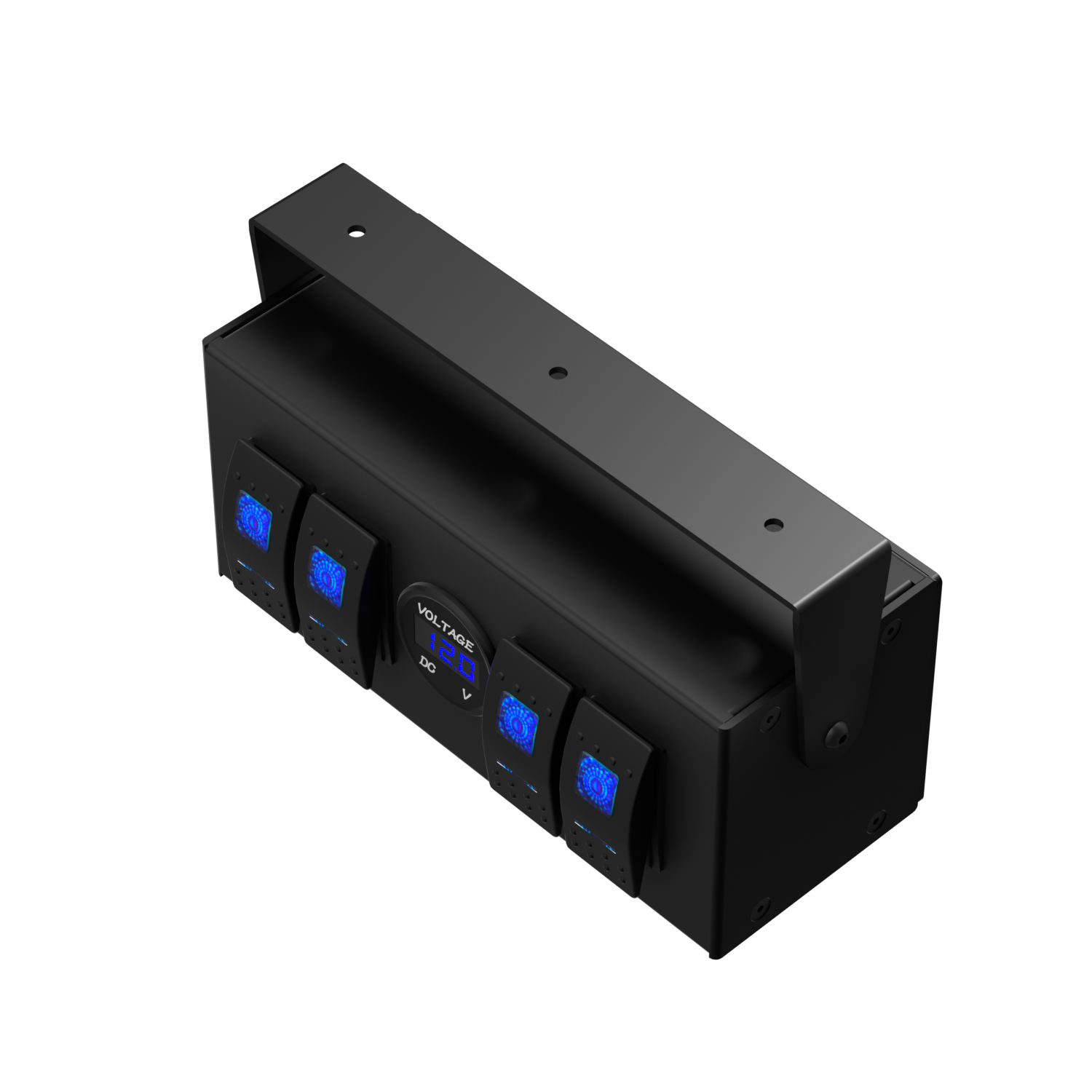 12V 4 Gang SPST Rocker Switch Control Box with Voltmeter IP54 Protection Level Aluminum Alloy for RV Boat Truck