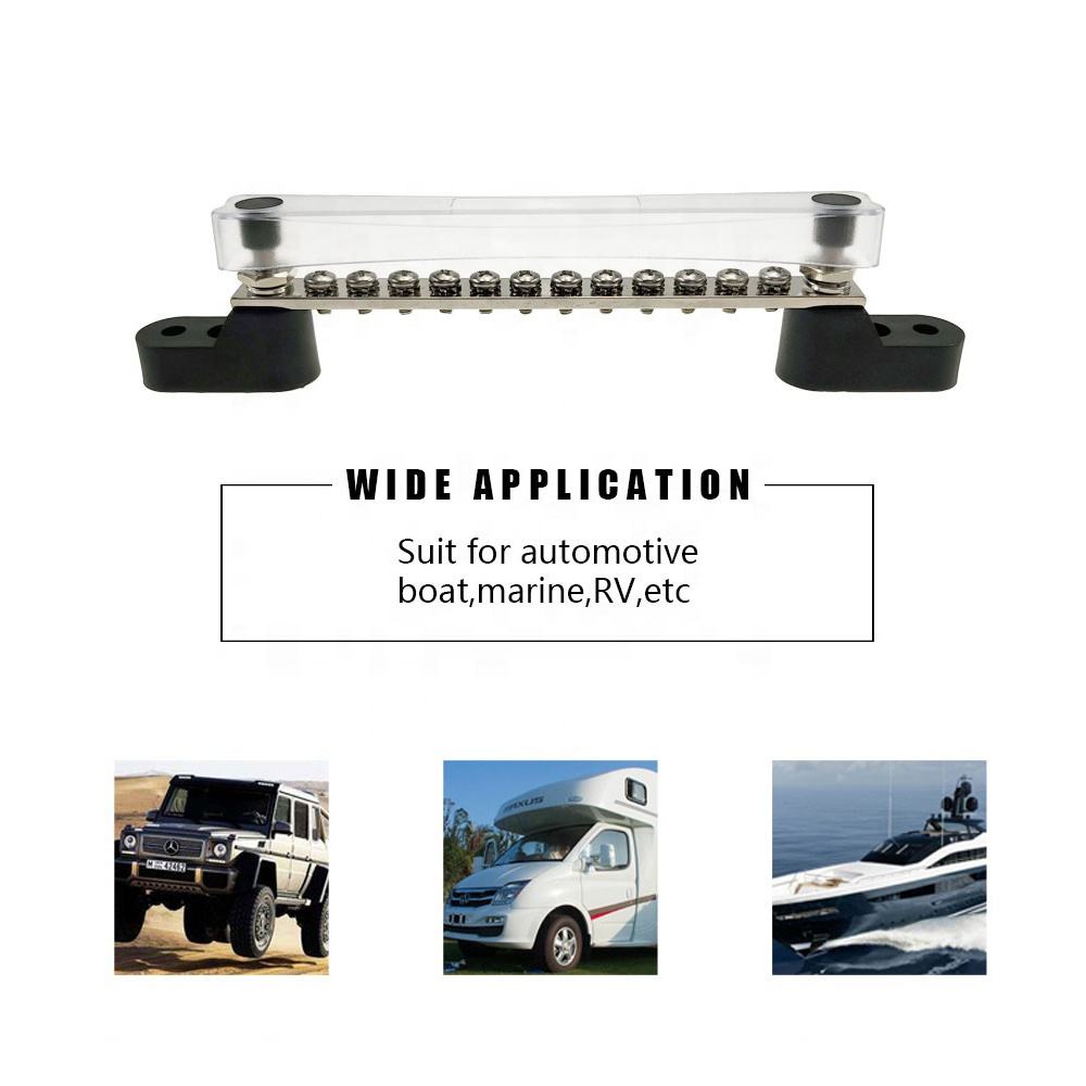 Amomd Marine 100A Ground Power Distribution Block 12 Screw Terminal with Copper Bus Bar and Cover Surface Mount 48V