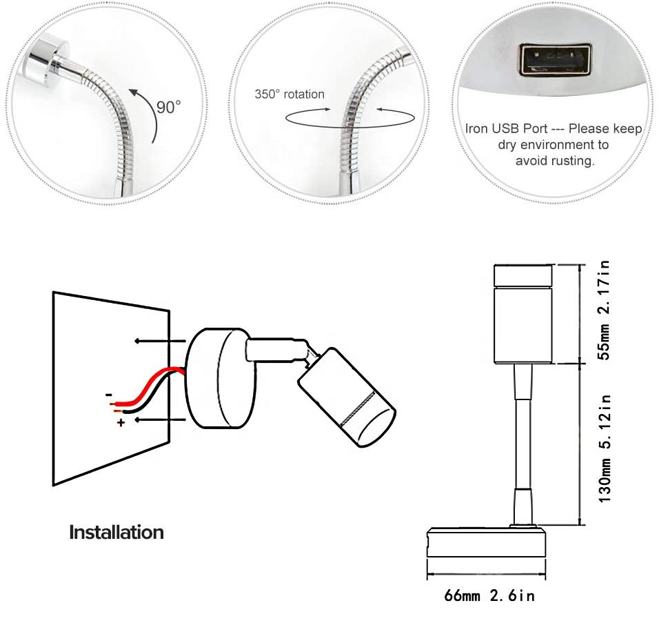 USB Charr Chrome-Plated Gooseneck LED Lamp Touch Adjust Direction and Brightness for RV Lighting Systems