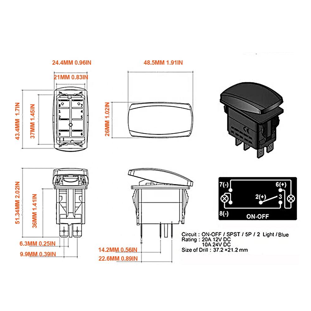 Amomd 5P Green LED Fog Light Rocker Switch SPST Function 12V/24V for RV/Marine Maximum Current 10A/20A
