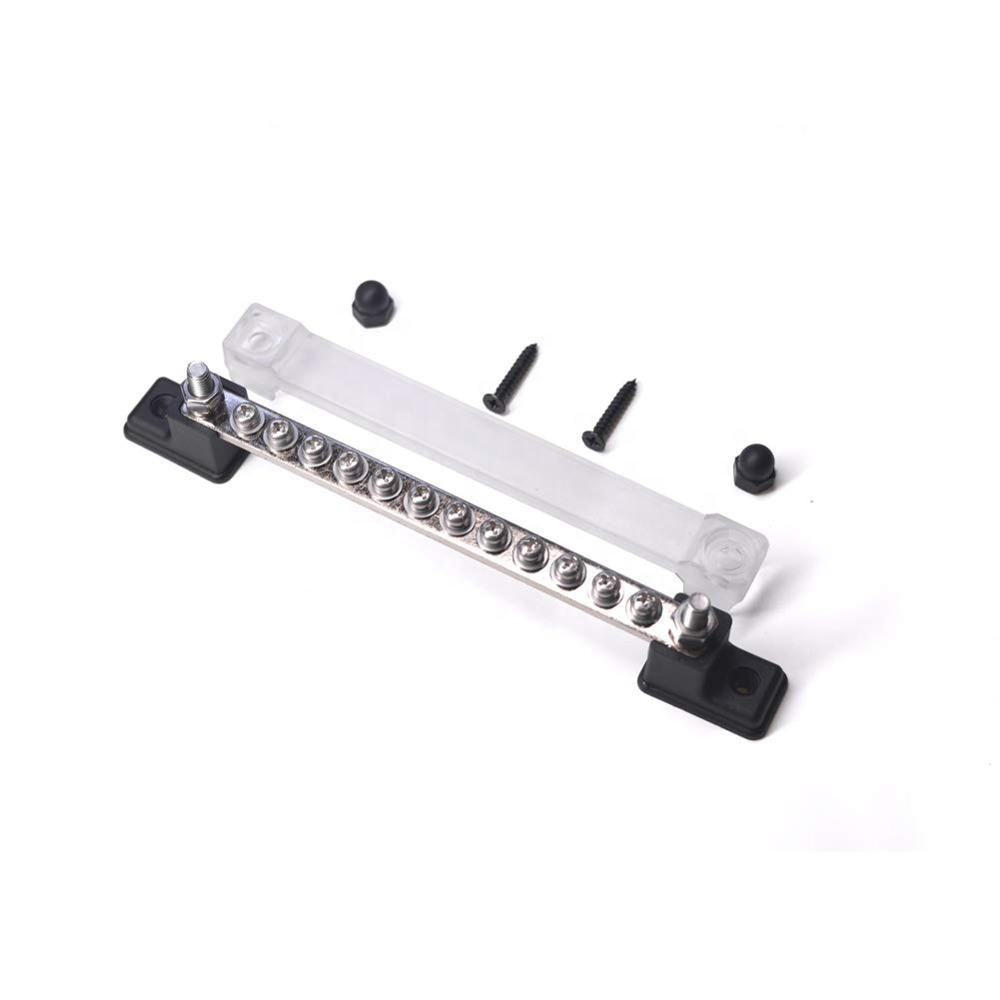 Amomd Marine 100A Ground Power Distribution Block 12 Screw Terminal with Copper Bus Bar and Cover Surface Mount 48V