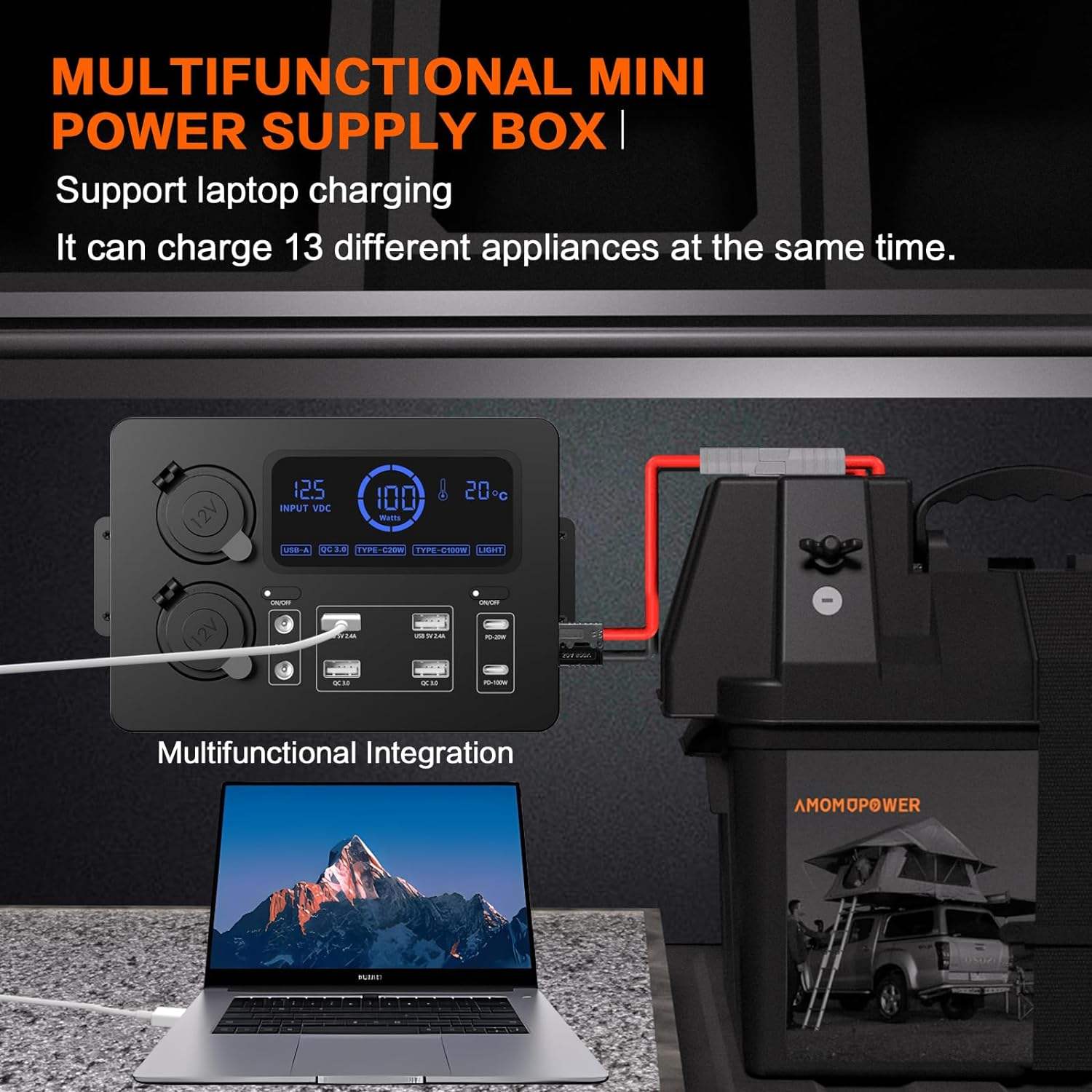 12V Small DC Power Outlet HUB Power Distribution Unit Outlet Box with PD QC USB Ports and Multi-function Real-time Display