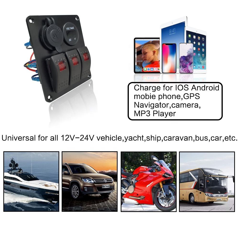 Amomd 3 Gang 12V Dual USB Car Charger Marine Grade Waterproof Combination Switch Board Panel with Voltmeter Rocker Switches