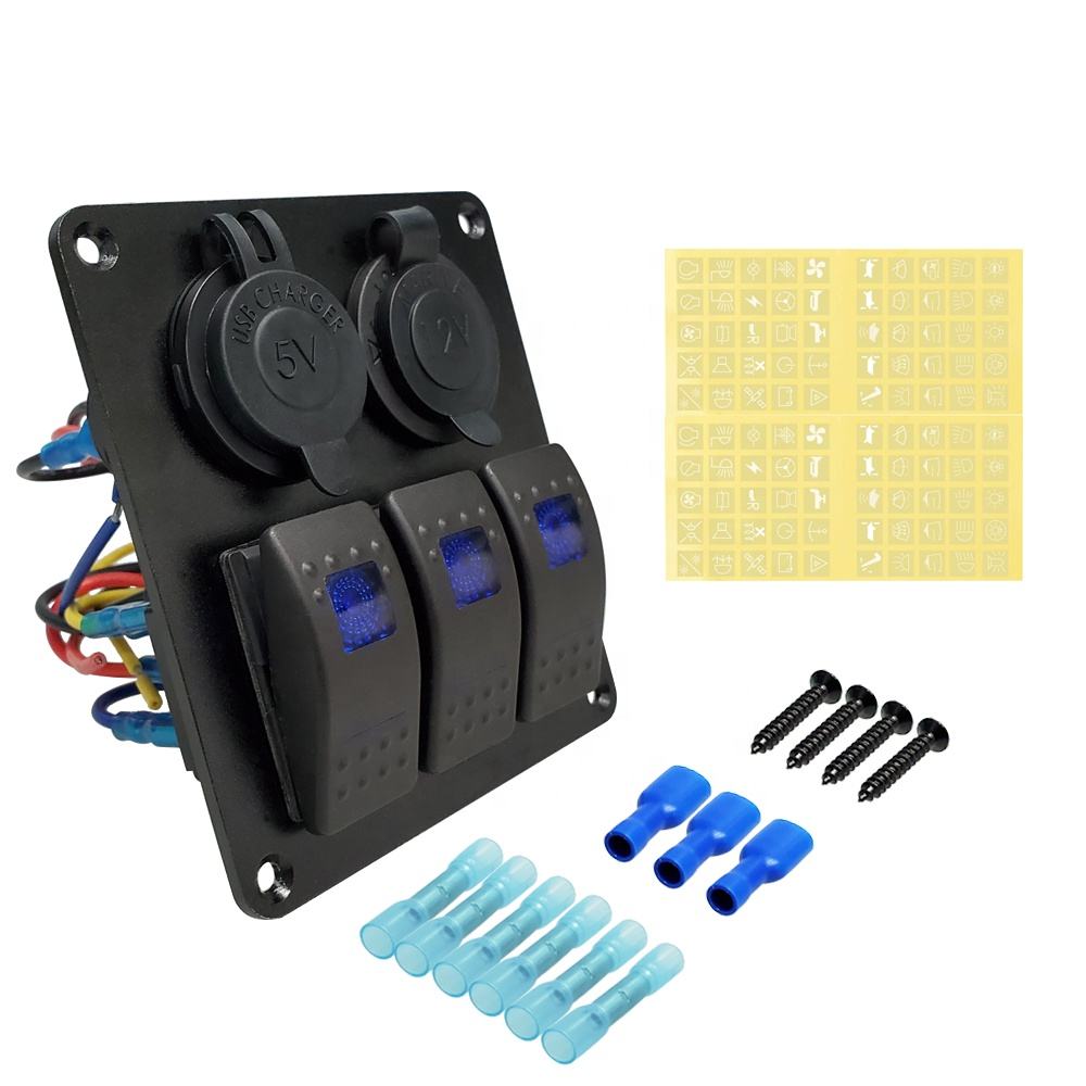 Amomd RV CE 12V DC Car Electrical Systems 3 Gang Rocker Switch with Dual USB Socket Car Cigar Lighter Socket Combination Panel