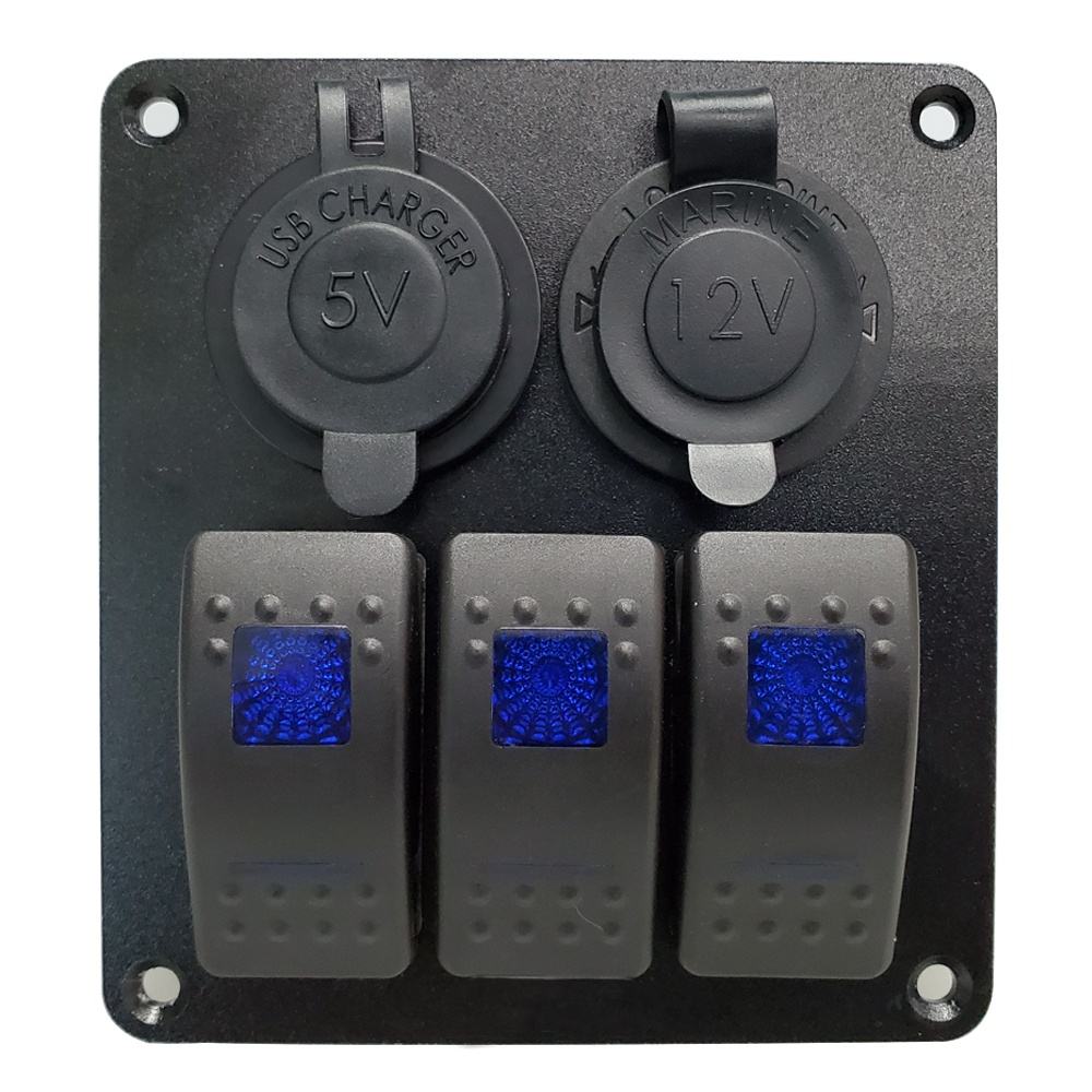 Amomd RV CE 12V DC Car Electrical Systems 3 Gang Rocker Switch with Dual USB Socket Car Cigar Lighter Socket Combination Panel