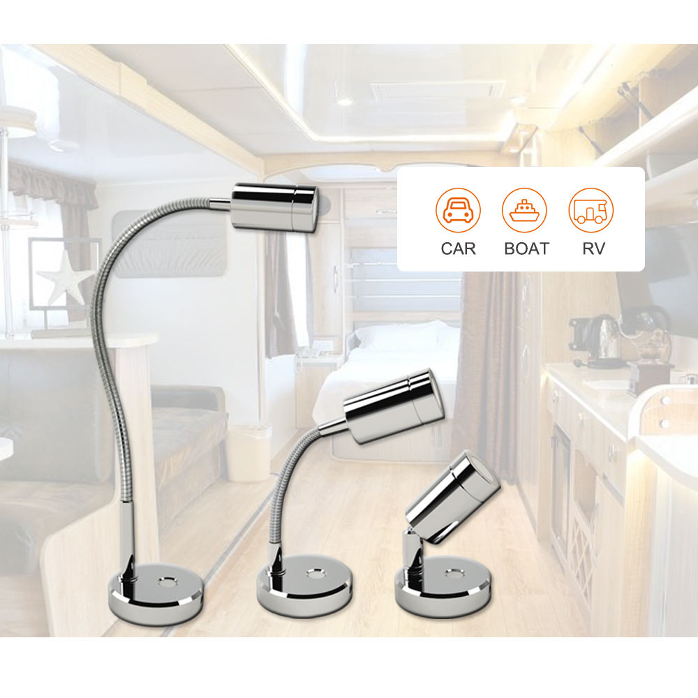 USB Charr Chrome-Plated Gooseneck LED Lamp Touch Adjust Direction and Brightness for RV Lighting Systems