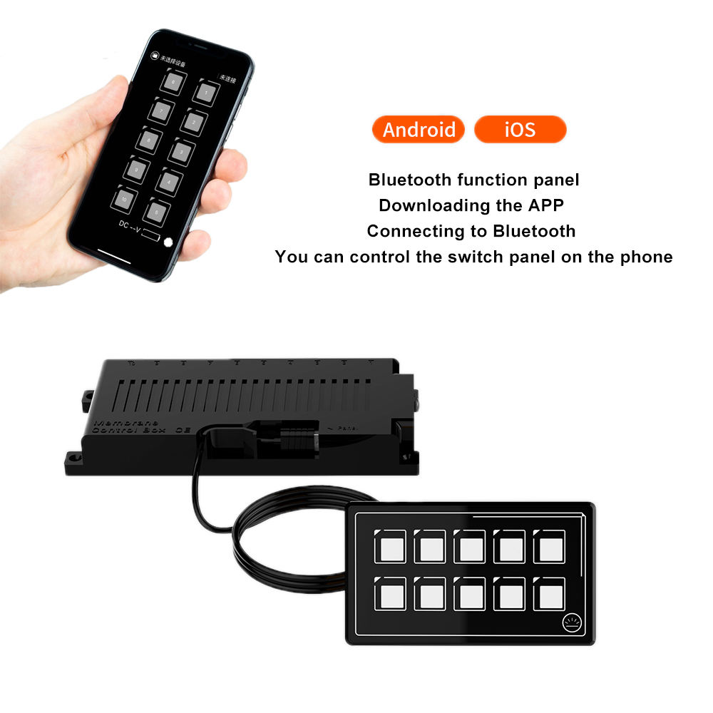 Amomd High-End Luxury 10-Way Bluetooth Control Membrane Switch Box Panel RV Marine Caravan LED Light Source Black Buttons