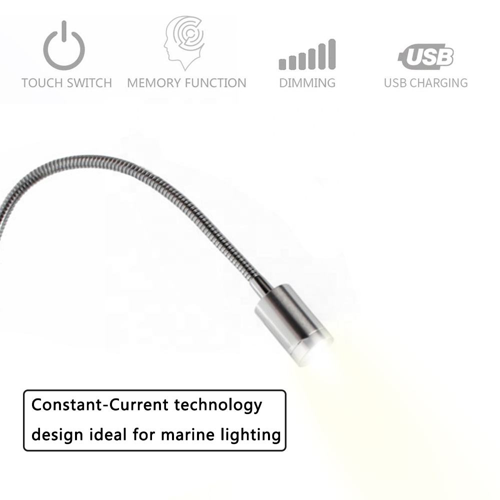 USB Charr Chrome-Plated Gooseneck LED Lamp Touch Adjust Direction and Brightness for RV Lighting Systems