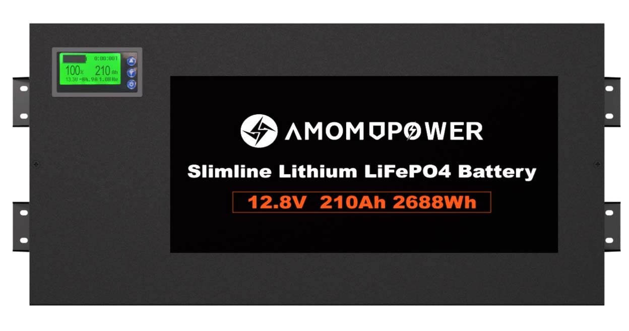 Amomdpower 12V 200Ah Rechargeable Lifepo4 Slim Lithium Ion Battery In-built Bluetooth BMS 2500Wh