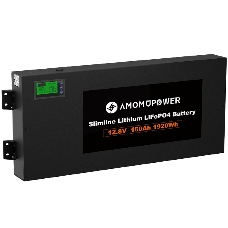 Amomdpower 12v High Capacity Slim 150Ah Lifepo4 Slim Lithium Ion Battery with DC DC Charger UN38.3 MSDS IEC Certificate