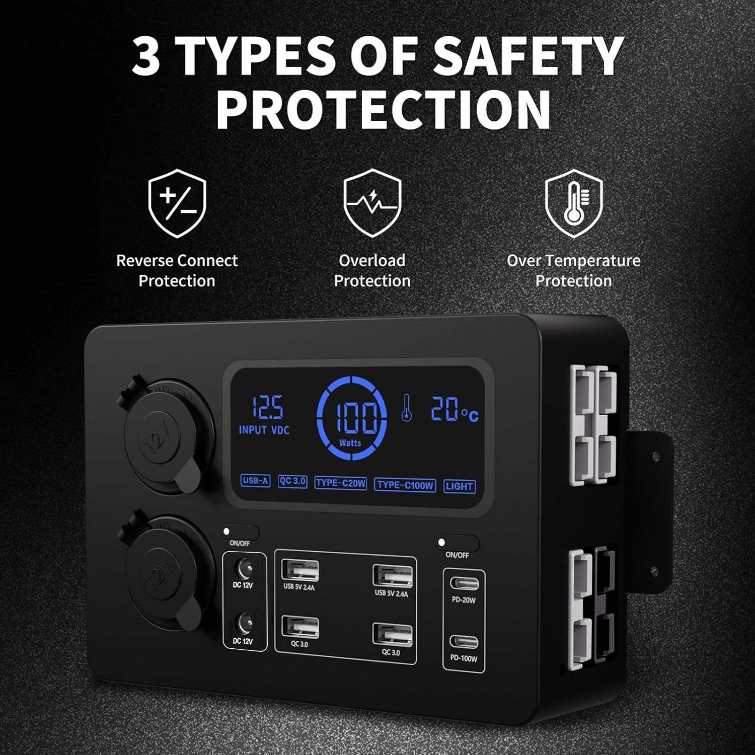 12V Small DC Power Outlet HUB Power Distribution Unit Outlet Box with PD QC USB Ports and Multi-function Real-time Display