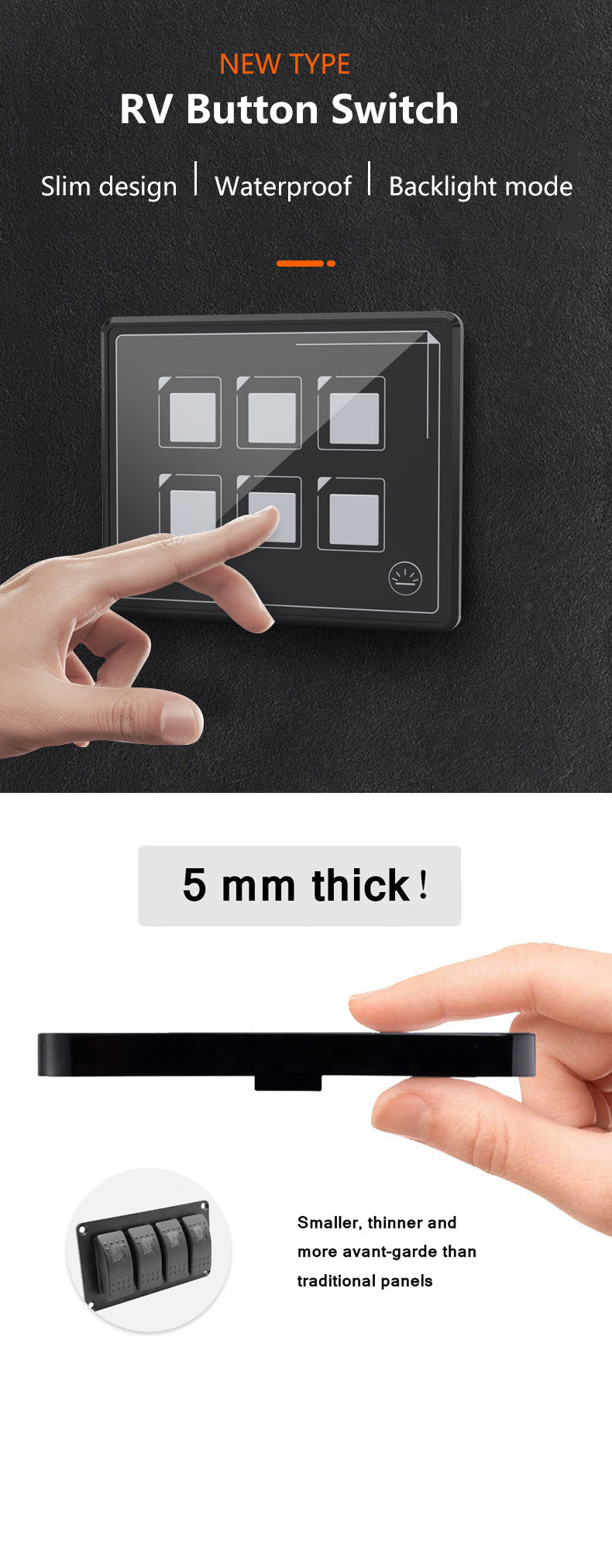 Black DC 12V 6-Way Waterproof Button Marine RV Membrane Switch Kit LED Light Source Max 10A Current RoHS and CE Certified