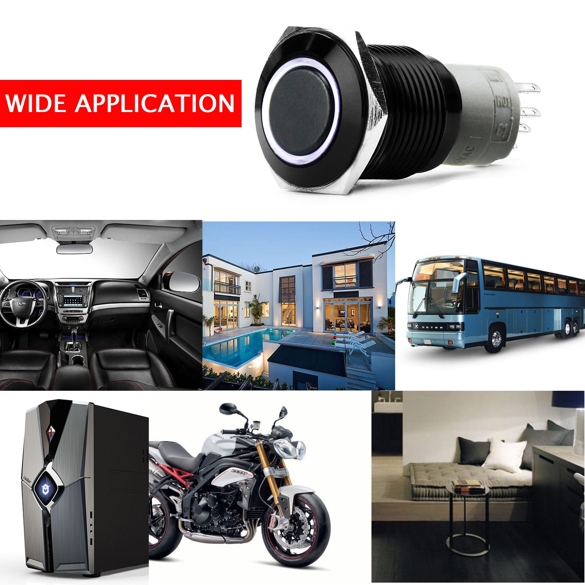 12V 18mm round Aluminum Metal Push Button Switch Latching IP67 Protection Level CE Certified Black White Red Green Blue LED