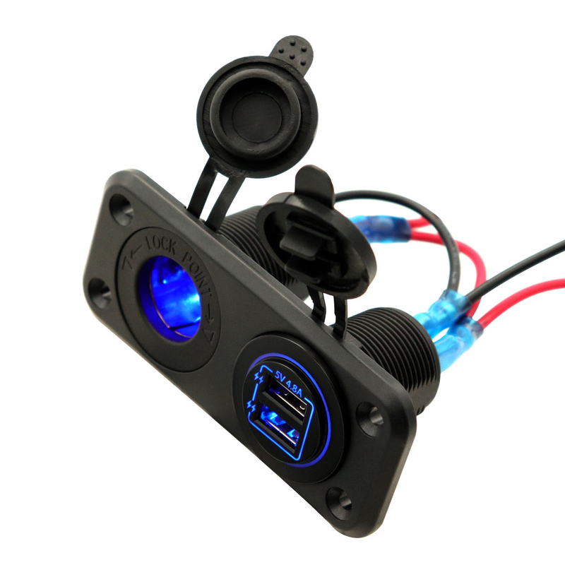 Amomd 12V 24V Dual 2.4A USB Ports and Waterproof Cigarette Lighter Socket Output Panel for Car RV