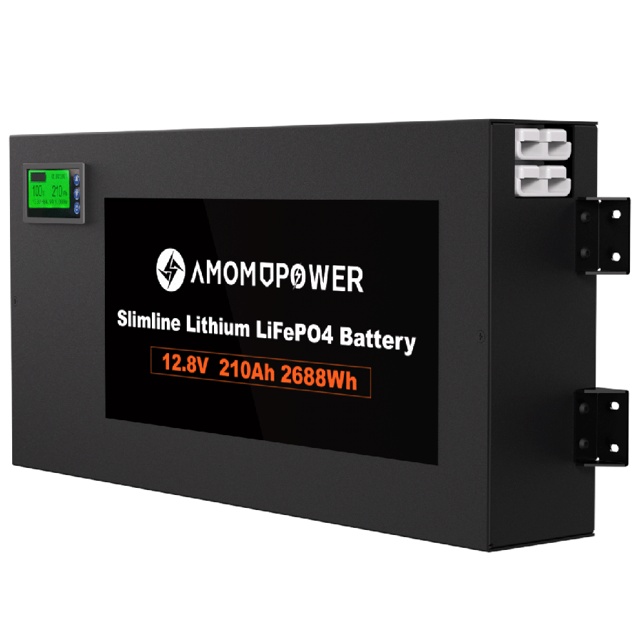 Amomdpower 12V 200Ah Rechargeable Lifepo4 Slim Lithium Ion Battery In-built Bluetooth BMS 2500Wh