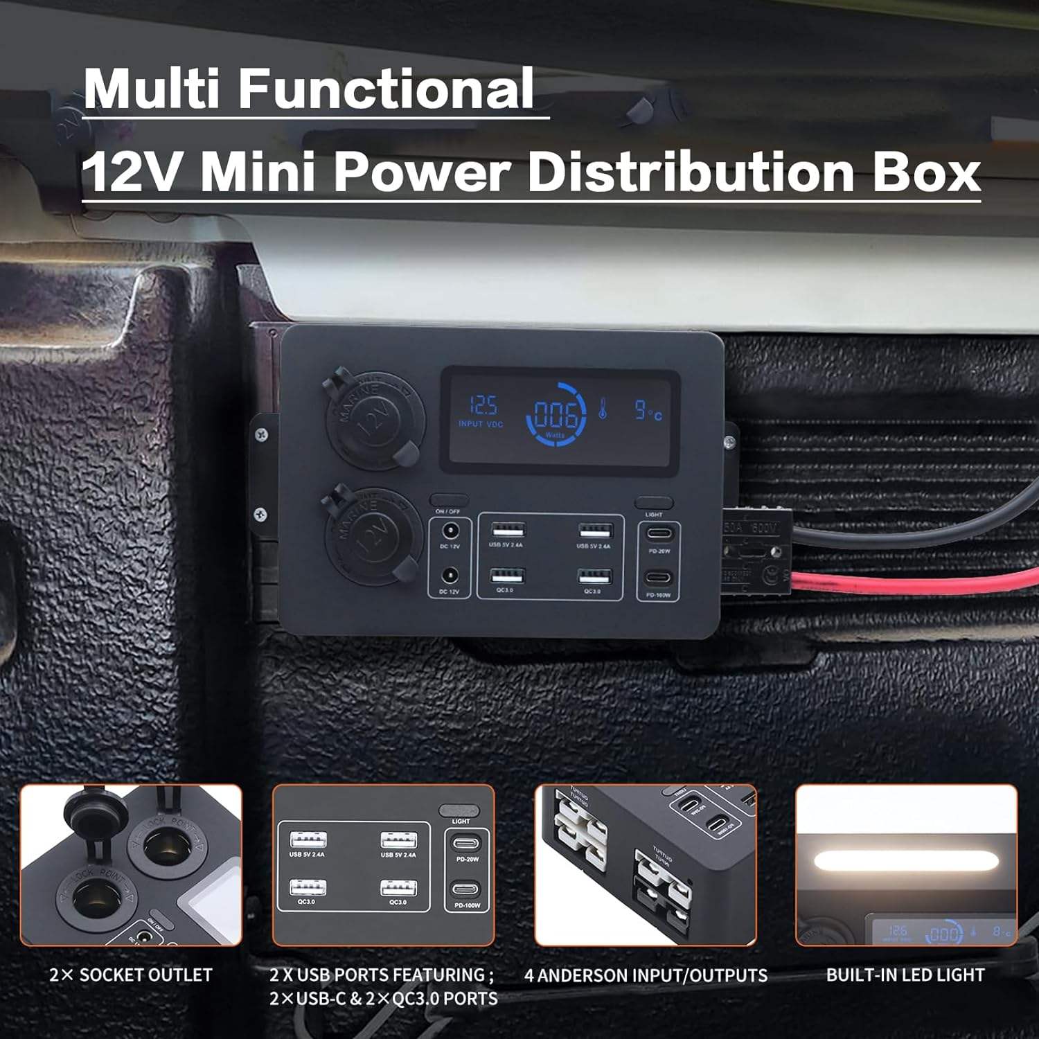 12V Small DC Power Outlet HUB Power Distribution Unit Outlet Box with PD QC USB Ports and Multi-function Real-time Display