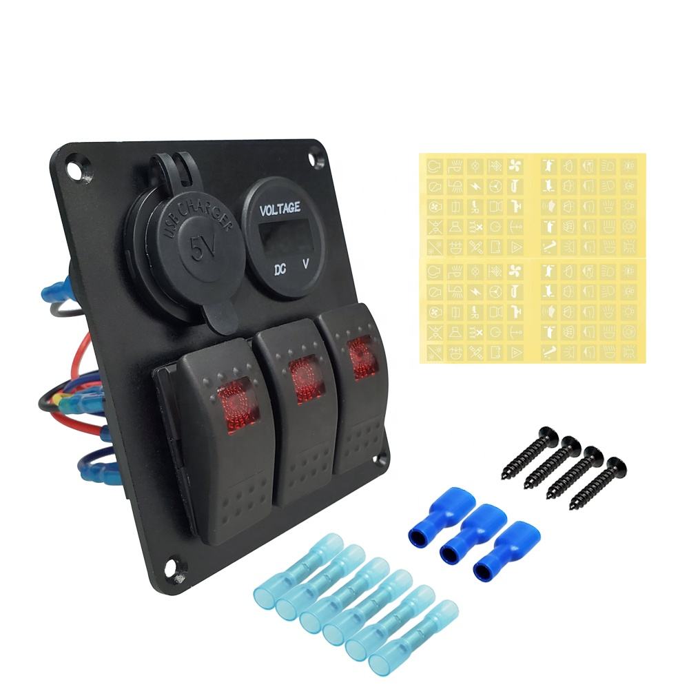Amomd 3 Gang 12V Dual USB Car Charger Marine Grade Waterproof Combination Switch Board Panel with Voltmeter Rocker Switches