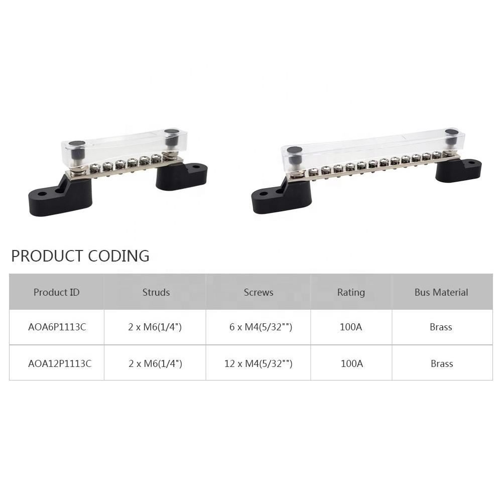 Amomd Marine 100A Ground Power Distribution Block 12 Screw Terminal with Copper Bus Bar and Cover Surface Mount 48V