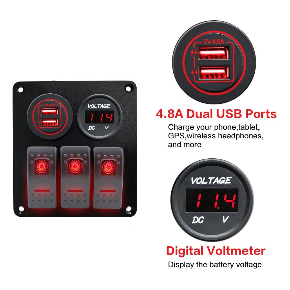 Amomd 3 Gang 12V Dual USB Car Charger Marine Grade Waterproof Combination Switch Board Panel with Voltmeter Rocker Switches