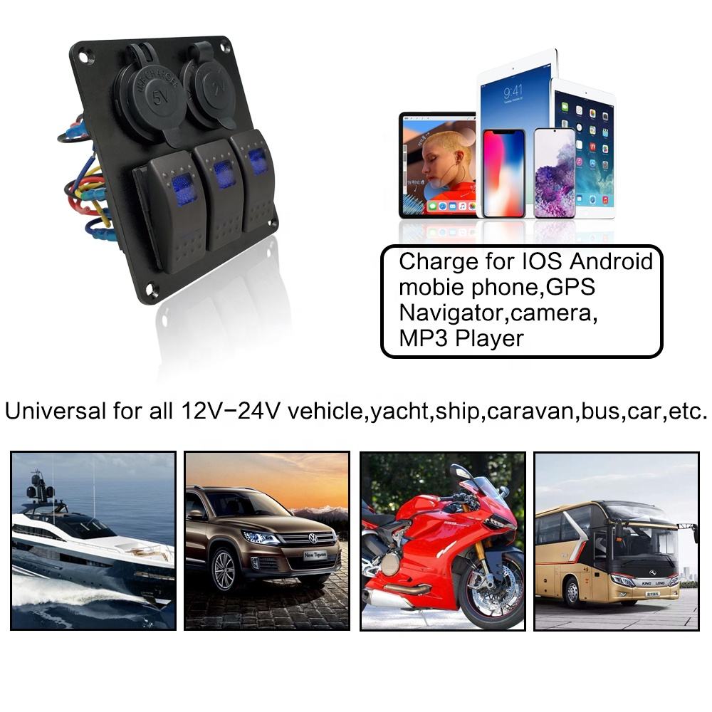 Amomd RV CE 12V DC Car Electrical Systems 3 Gang Rocker Switch with Dual USB Socket Car Cigar Lighter Socket Combination Panel