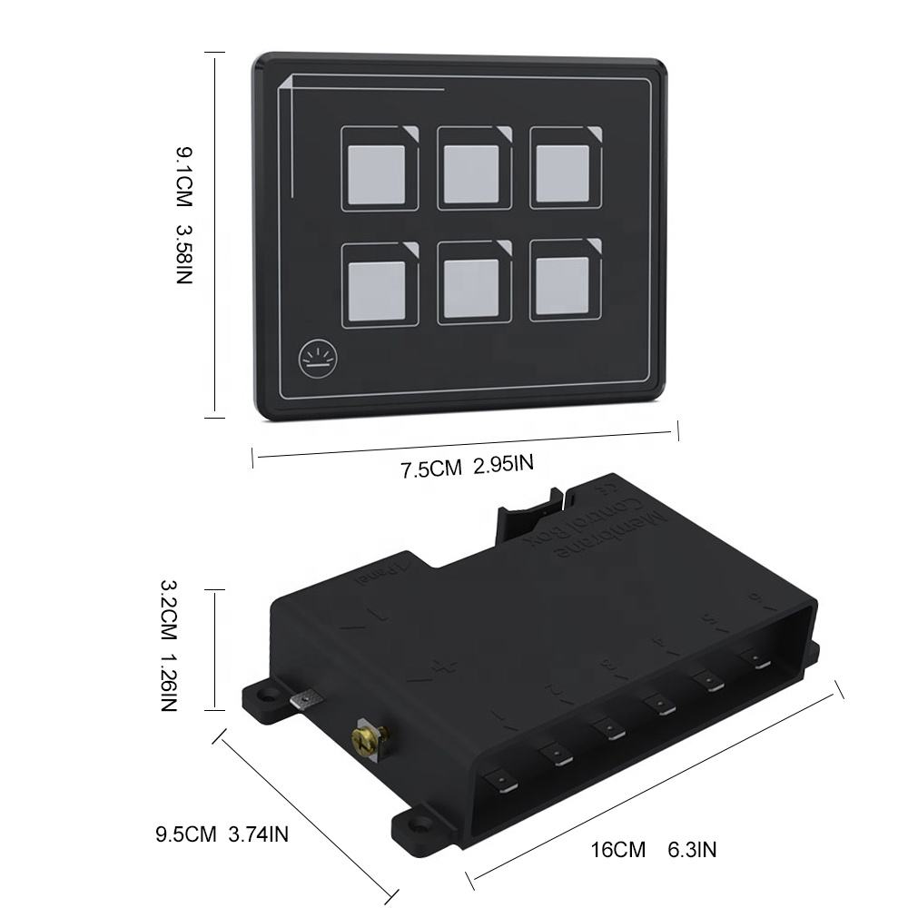 Black DC 12V 6-Way Waterproof Button Marine RV Membrane Switch Kit LED Light Source Max 10A Current RoHS and CE Certified