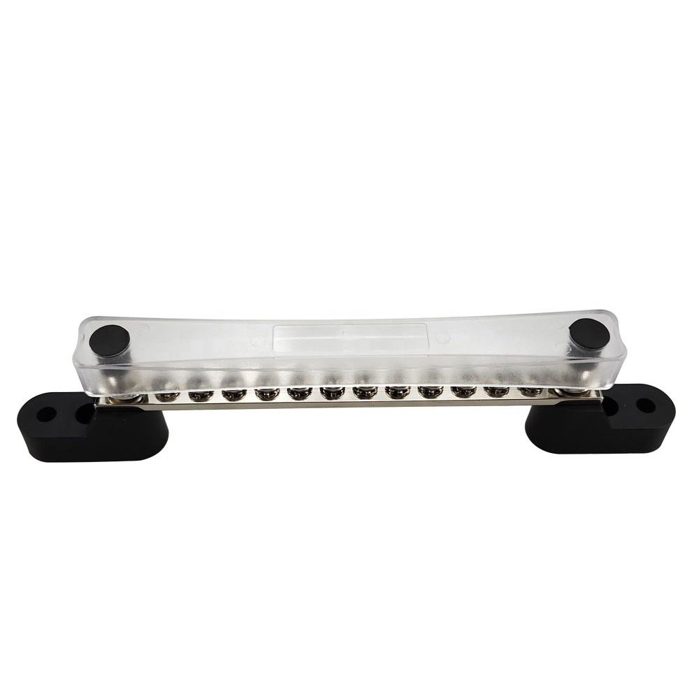 Amomd Marine 100A Ground Power Distribution Block 12 Screw Terminal with Copper Bus Bar and Cover Surface Mount 48V