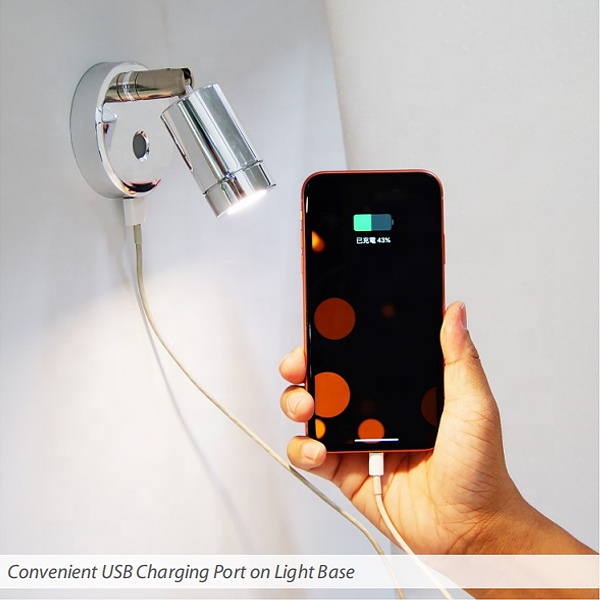 Wholesale Touch Switch Adjustable Brightness Chrome-plated Reading light with Quick Charging 2.4A USB Charger