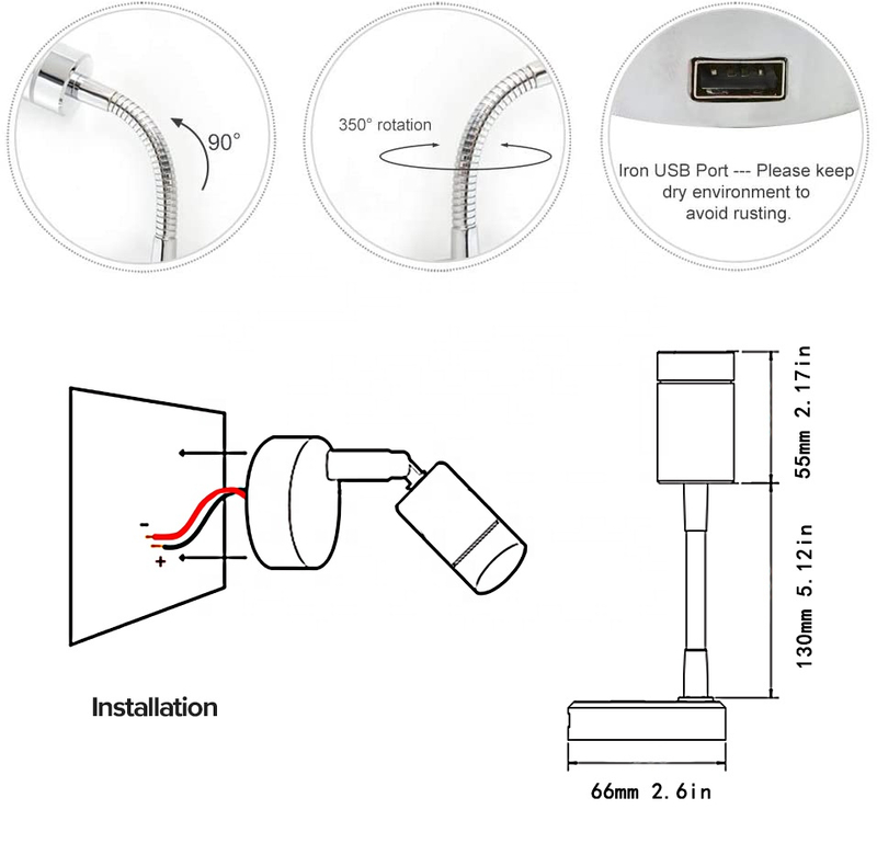Marine RV Chromeplated Flexible Arm Gooseneck Light with Usb Charger