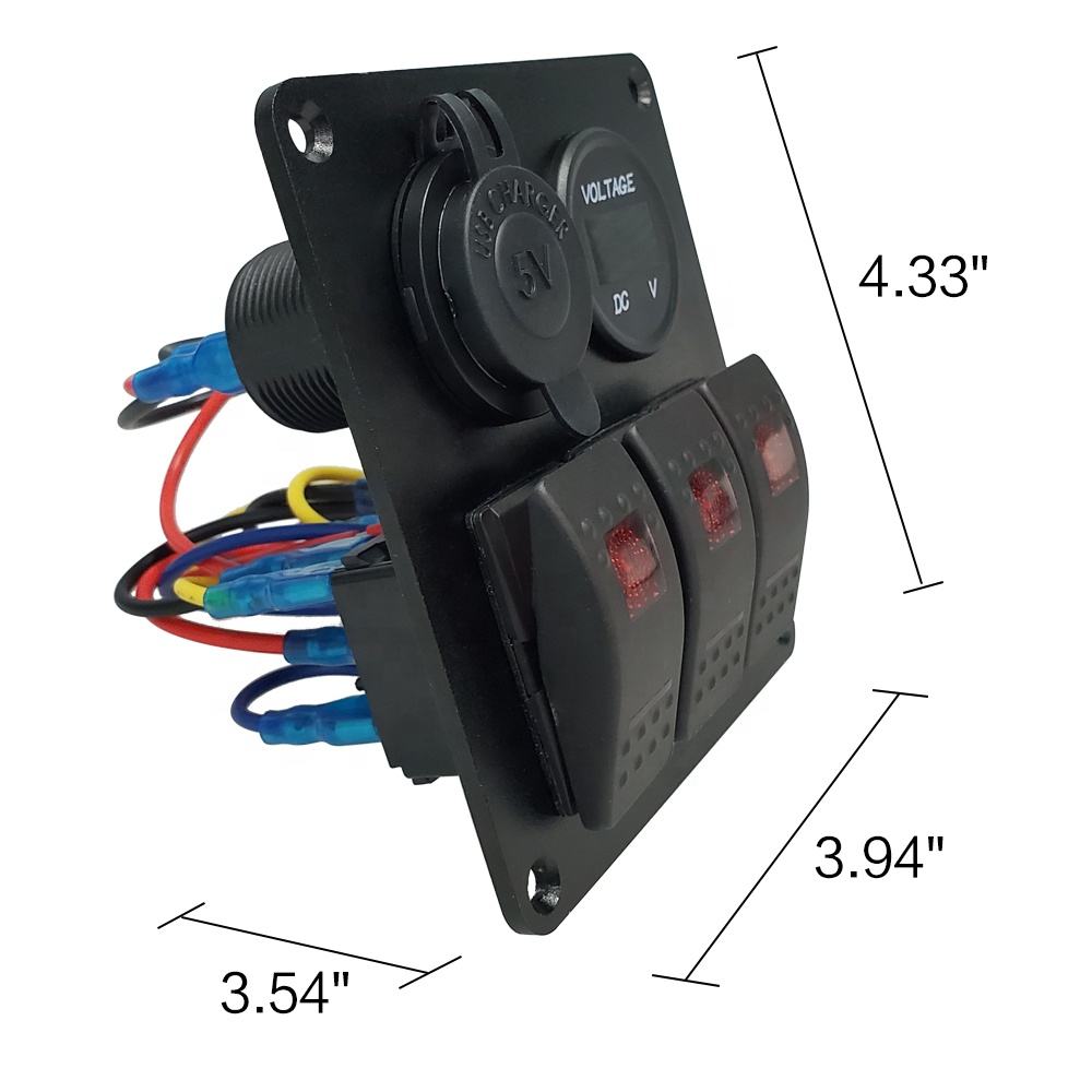 Amomd 3 Gang 12V Dual USB Car Charger Marine Grade Waterproof Combination Switch Board Panel with Voltmeter Rocker Switches