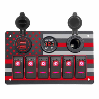 6-Gang Waterproof Marine Rocker Switch Panel with 5V/4.8A Dual USB Charger Digital Voltmeter Power Socket 20A Max Current Red Stars and Stripes Pattern